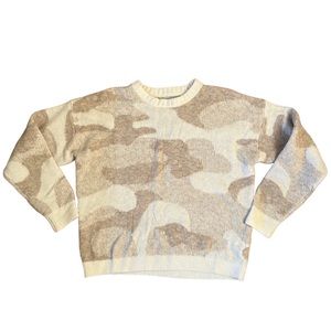 Lucky Brand Beige, White, Tan Camo Ribbed Trim Sweater Women’s Size Small